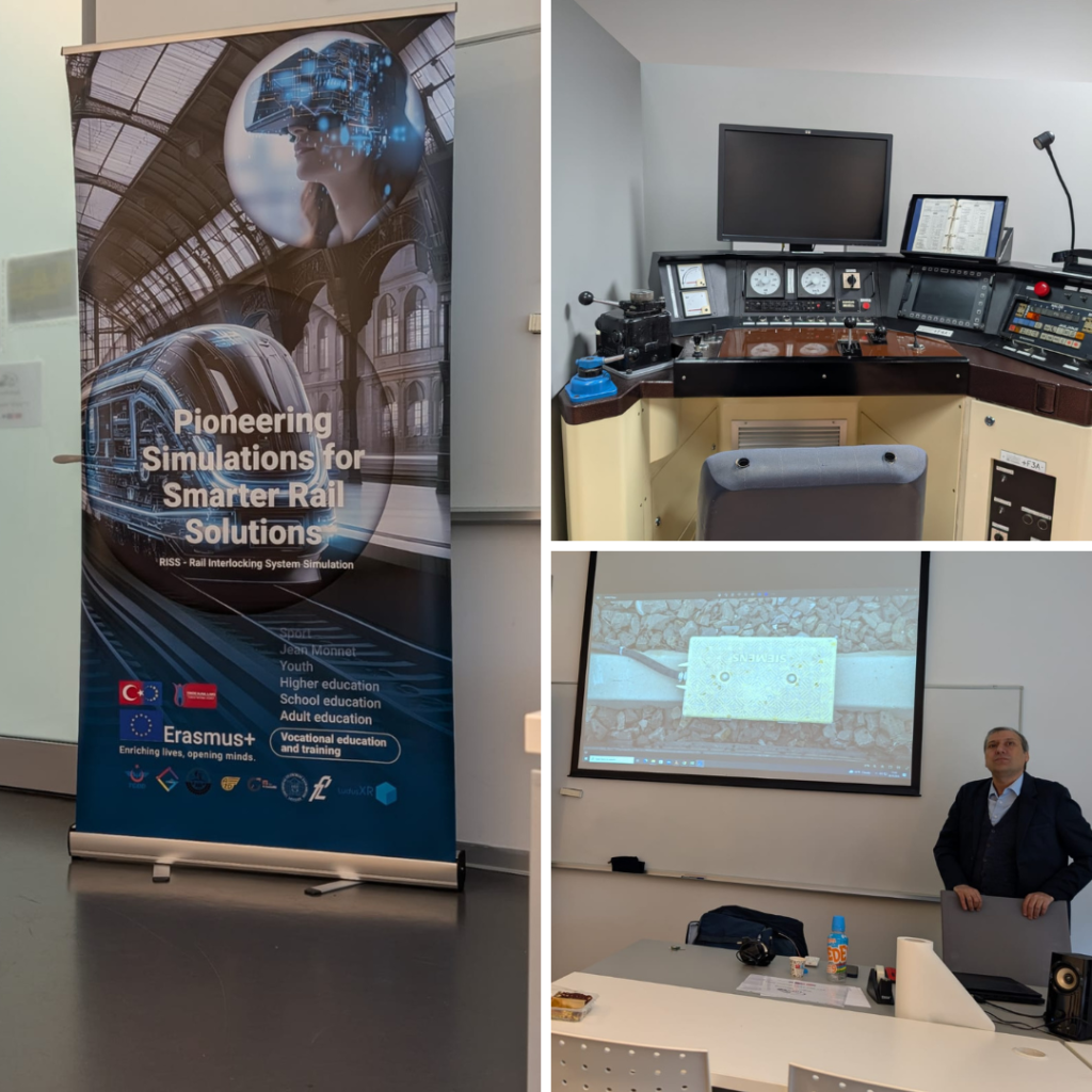 Collage of three images related to the Rail Interlocking System Simulation project: a promotional banner, a simulation control setup, and a project presentation in a classroom setting.