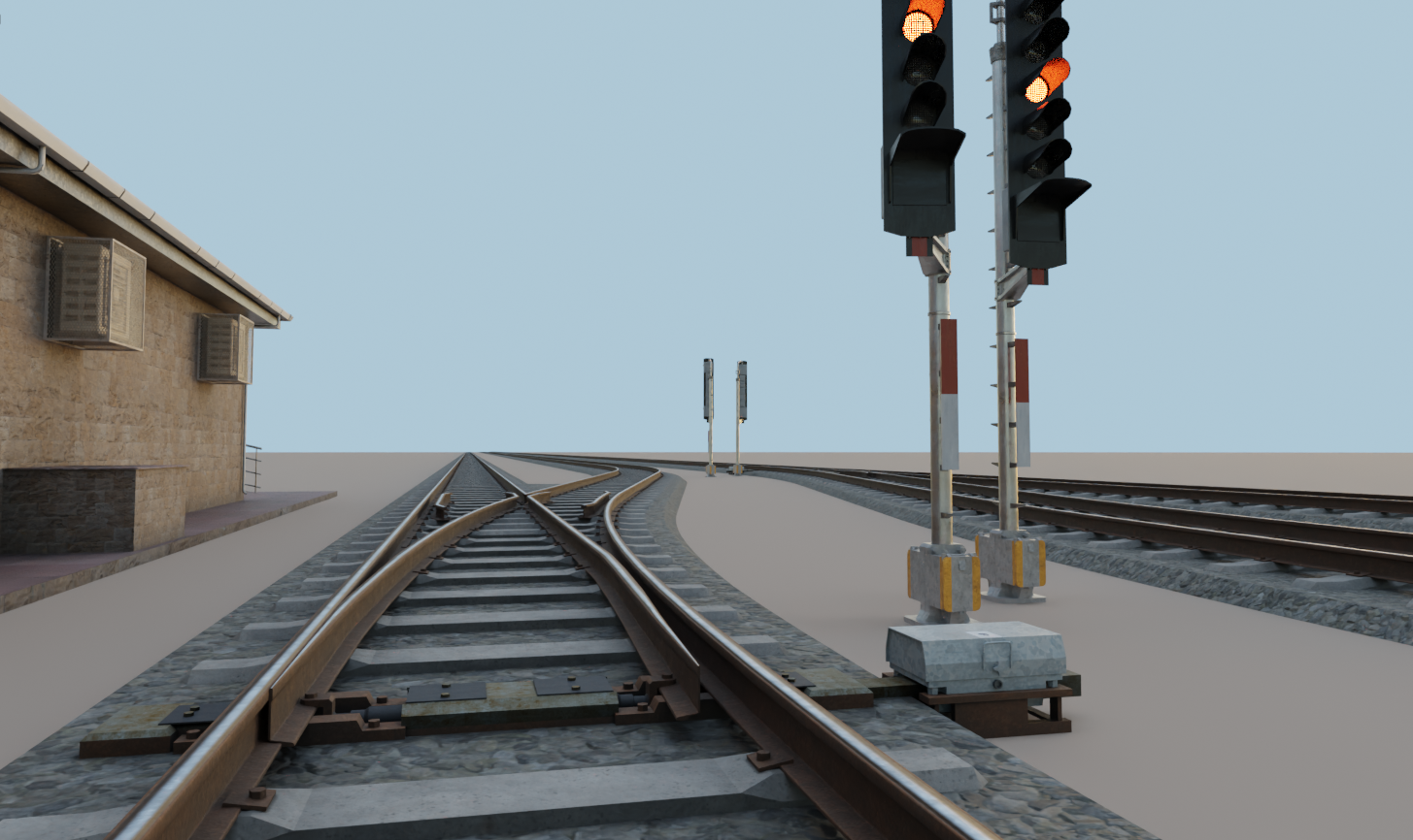 Panoramic view of a railway control building and signal lights along the tracks.