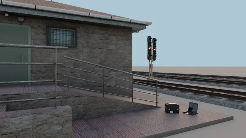 Railway traffic control building with access ramps and external signal lights.