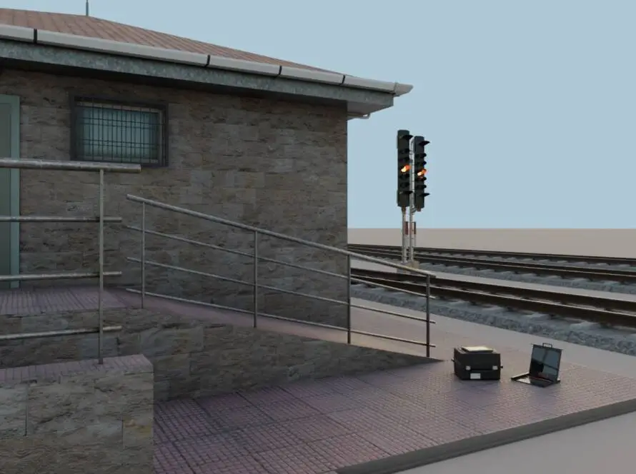 Railway traffic control building with access ramps and external signal lights.