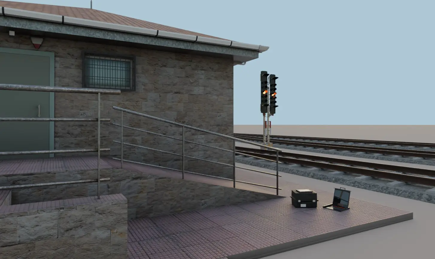 Railway traffic control building with access ramps and external signal lights.